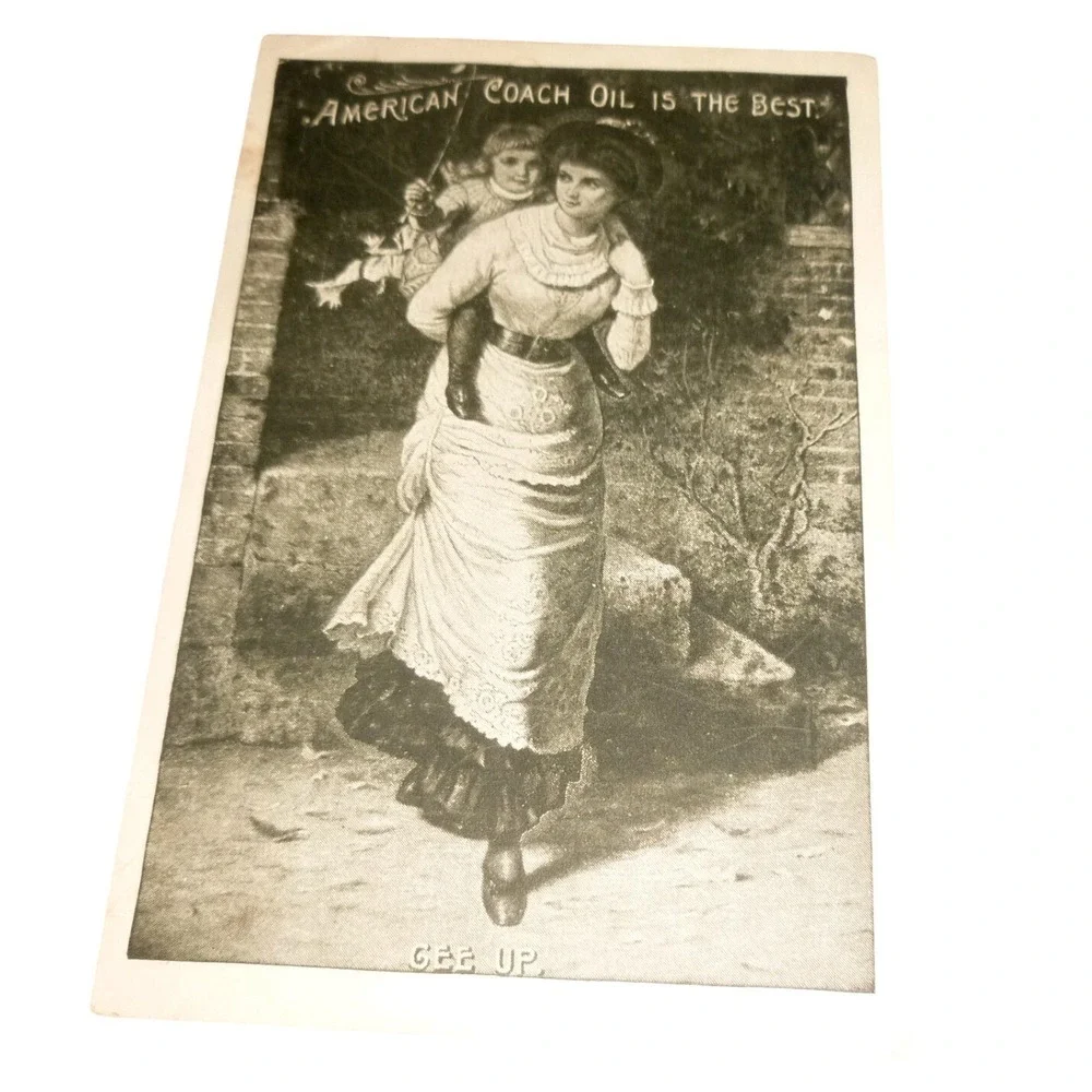 Antique American Coach Oil Trade Card J Shulz Drugs Carthage IL Victorian Gee Up